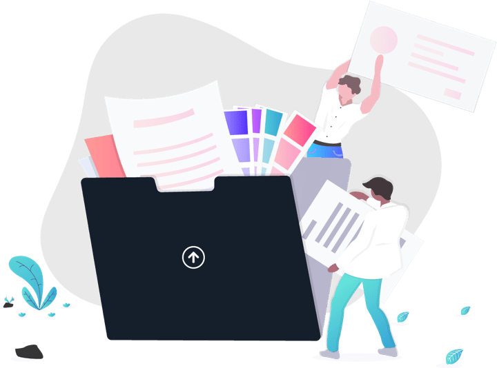 Color illustration showing two people saving and sorting multiple files within a folder